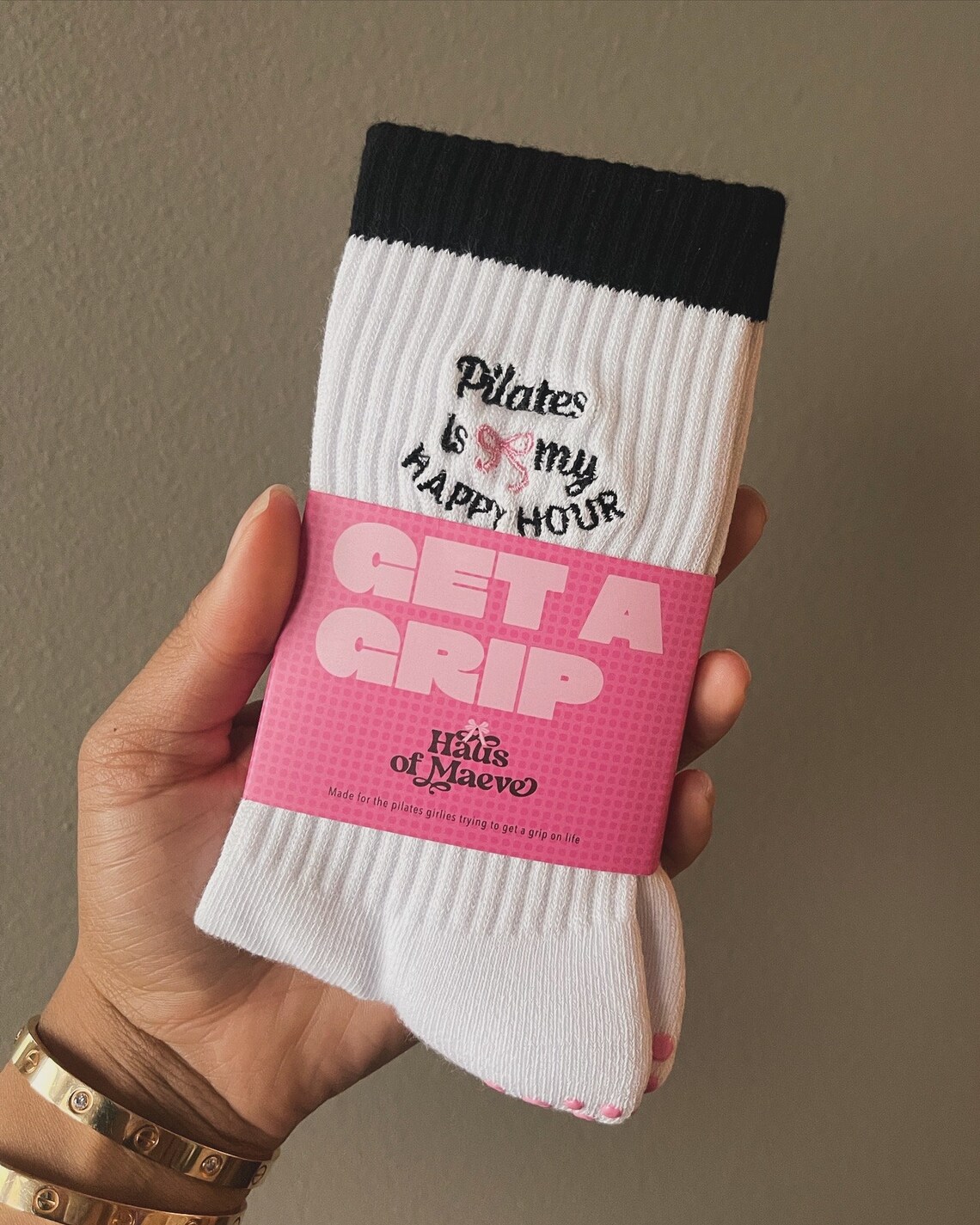 Pilates Happy Hour Embroidered Grip Socks L Nonslip Grip for Pilates