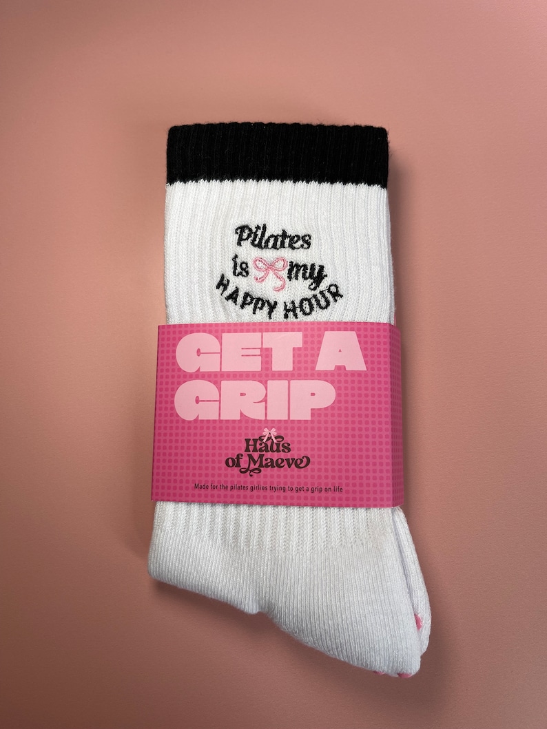 Pilates Happy Hour Embroidered Grip Socks L Nonslip Grip for Pilates