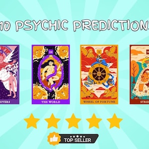 Puede incluir: Cuatro cartas de tarot con ilustraciones coloridas: Los Enamorados, El Mundo, La Rueda de la Fortuna y la Fuerza. Las cartas están dispuestas horizontalmente con una calificación de cinco estrellas y el texto "TOP SELLER" debajo.