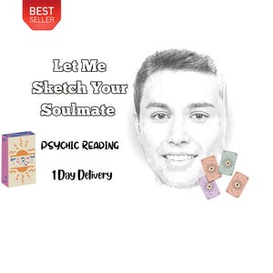 以下が含まれることがあります： 「Let Me Sketch Your Soulmate」と「Psychic Reading」のテキストが入ったイラスト。人物の顔のスケッチ、タロットカードの箱、いくつかのタロットカードが含まれています。