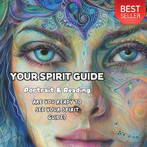 May include: A detailed portrait featuring a woman with vibrant blue eyes and artistic facial designs. The image includes the text "YOUR SPIRIT GUIDE" and "Portrait & Reading". A red "BEST SELLER" badge is visible.