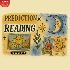 May include: Illustration with the words "PREDICTION READING" above tarot cards. The cards feature a sun, a figure in red, and a crescent moon with stars. The background is a light yellow.