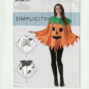 May include: A Simplicity sewing pattern envelope S9169 featuring illustrations and a photograph of a poncho costume. The poncho is orange with a green collar, black eyes, and a jagged mouth. Line drawings show skeleton and patch designs.