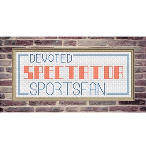 May include: Cross-stitch artwork in a wooden frame. The design features the words "DEVOTED SPECTATOR SPORTSFAN" in blue and coral colors. The background is a light blue cross-stitch pattern. The artwork is set against a brick wall.