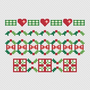 May include: Cross-stitch patterns featuring red hearts, green and red geometric shapes, and wreaths. The designs are displayed on a white background, showcasing a festive, holiday theme.