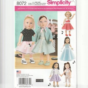 May include: Simplicity sewing pattern 8072 for 18-inch doll clothes. The package features illustrations of dolls wearing various outfits including a poodle skirt, a button-down dress with a cardigan, a polka dot dress, a gown, and casual sets.
