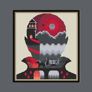 May include: Cross-stitch art framed in black. The design features a red and black landscape with a house, mountains, and a carriage. The sky is red with a gray moon and birds. The bottom has red drops.