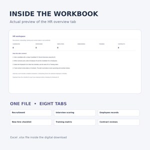 May include: A digital workbook interface titled INSIDE THE WORKBOOK featuring an HR overview tab. The layout includes sections for candidates, interviews, employees, onboarding, training, and contracts. Below, the text ONE FILE • EIGHT TABS lists six categories including recruitment, interview scoring, employee records, new hire checklist, training matrix, and contract reviews. The file format is an Excel .xlsx digital download.