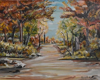 Original acrylic painting on stretched canvas. Forest trees landscape.