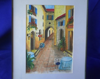 Original watercolor painting of a Mediterranean town view.