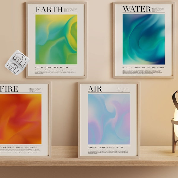 CONJUNTO DE 4 Elementos de Astrología, Signo de Agua de Fuego de Aire de la Tierra, Cartel del Zodíaco de Astrología de Pareja, Impresión de Degradado Granulado, Descarga Digital Instantánea