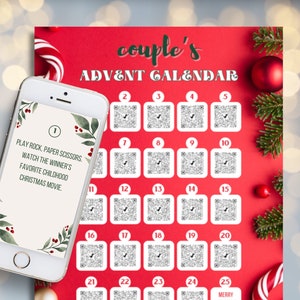 Peut inclure: Un calendrier de l'Avent de Noël rouge avec des codes QR, des cannes en sucre et des ornements. Un smartphone affiche la première activité : "Jouez à Pierre, Papier, Ciseaux. Regardez le film de Noël préféré du gagnant."