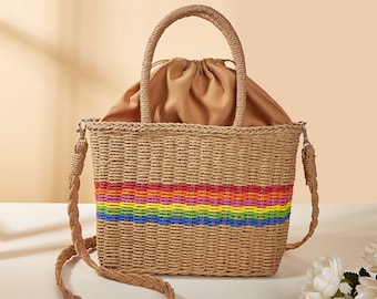Fashionable Rainbow Stripe Straw Square Medium Weaved and Straw Shoulder and Top Handle Bag for Adults Anniversary Gift