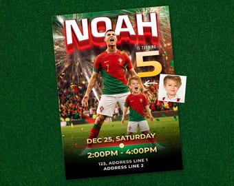 Einladungsvorlage für eine Fußballgeburtstagsfeier, Einladung zur Fußballparty, Kinderfoto hinzufügen, bearbeitbarer, druckbarer digitaler Download, Jungengeburtstag