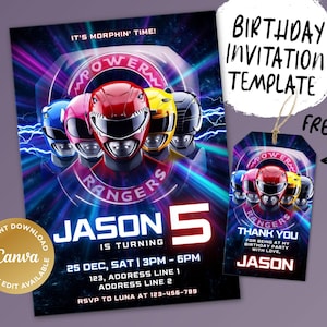 May include: A Power Rangers themed birthday party invitation with a neon blue, pink, and purple background. The invitation features a circle with the words "Power Rangers" and five Power Ranger helmets. The text "Jason 5 is turning" is in large white letters. The date and time of the party are listed below. The invitation also includes a small tag with the words "Thank you for being at my birthday party with love, Jason".