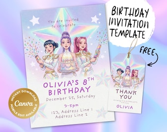 Kpop Printable Digital Birthday Invitation for Kids | Editable Canva Template