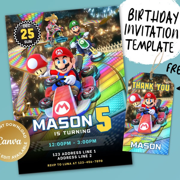 Printable Birthday Invitation, Digital Birthday Invitation, Editable Digital Invitation, Kids Birthday Invitation, kart