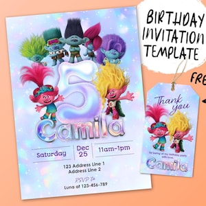 May include: A printable birthday invitation template featuring characters from the Trolls movie. The invitation is decorated with a sparkly background and a large number 5. The text on the invitation reads "Camila" and includes details for the birthday party, such as the date, time, and RSVP information.