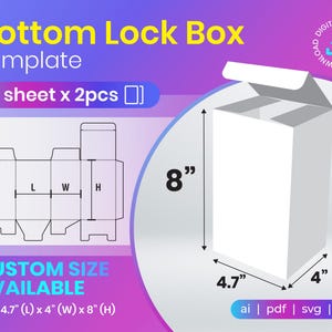 May include: A printable template for a bottom lock box, with dimensions of 4.7 inches by 4 inches by 8 inches. The template is shown on a white background with a 3D rendering of the box in the background. The text "Bottom Lock Box Template" is at the top of the image, and the text "A3 sheet x 2pcs" is below the template. The text "CUSTOM SIZE AVAILABLE" is below the 3D rendering of the box, and the text "Size: 4.7" (L) x 4" (W) x 8" (H)" is below that.