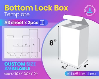 Bottom Lock Box Template, Auto Lock Box Template, Gift Box SVG, Ai, PDF, PNG, A3 sheet, Printable