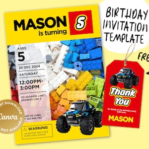 Pode incluir: Um modelo de convite de aniversário imprimível com tema Lego com um design de caminhão monstro. O convite é para um menino de 5 anos chamado Mason. O convite inclui a data, a hora e as informações de RSVP. Também está incluído um cartão de agradecimento gratuito.