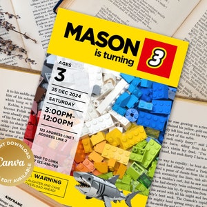 Puede incluir: Una invitaci&oacute;n de cumplea&ntilde;os amarilla y roja para un ni&ntilde;o que cumple tres a&ntilde;os. La invitaci&oacute;n presenta un dise&ntilde;o de bloques de Lego con el nombre Mason y la edad 3. La invitaci&oacute;n tambi&eacute;n incluye un gr&aacute;fico de tibur&oacute;n y el texto "Ages 3, 25 Dec 2024, Saturday, 3:00PM-12:00PM, 123 Address Line 1, Address Line 2, RSVP to Luna 123-456-789, Warning: Laughter and Cake Overload Ahead!"