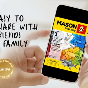 Puede incluir: Una invitaci&oacute;n digital para una fiesta de cumplea&ntilde;os con tem&aacute;tica de Lego. La invitaci&oacute;n es para el tercer cumplea&ntilde;os de Mason y presenta una imagen colorida de bloques de Lego. La invitaci&oacute;n incluye la fecha, la hora y la ubicaci&oacute;n de la fiesta.