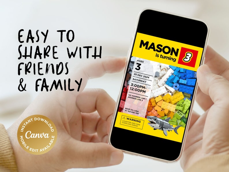 Puede incluir: Una invitaci&oacute;n digital para una fiesta de cumplea&ntilde;os con tem&aacute;tica de Lego. La invitaci&oacute;n es para el tercer cumplea&ntilde;os de Mason y presenta una imagen colorida de bloques de Lego. La invitaci&oacute;n incluye la fecha, la hora y la ubicaci&oacute;n de la fiesta.