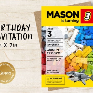 Puede incluir: Una invitaci&oacute;n de cumplea&ntilde;os amarilla y roja para un ni&ntilde;o de 3 a&ntilde;os llamado Mason. La invitaci&oacute;n presenta un dise&ntilde;o de bloques de Lego y un tibur&oacute;n hecho de bloques de Lego. El texto de la invitaci&oacute;n dice "Mason cumple 3 a&ntilde;os" e incluye la fecha, la hora y la informaci&oacute;n de RSVP.