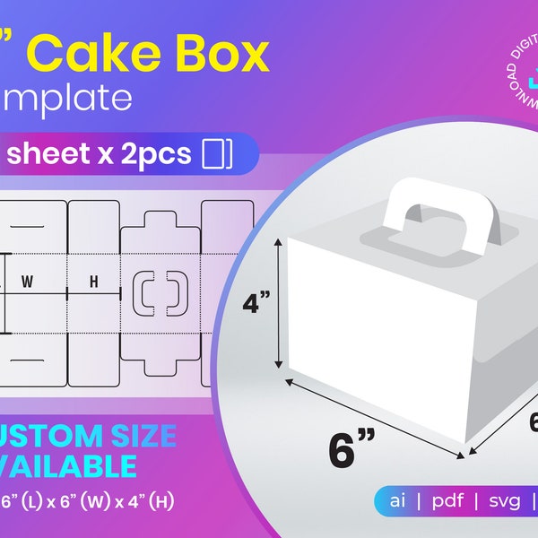 Cake Box Template, Box with Handle Template, Gift Box SVG, Ai, PDF, PNG, A3 sheet, Printable