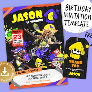 May include: A birthday invitation template featuring a black background with colorful graphics and the text "JASON IS TURNING 6". Includes a matching tag that says "THANK YOU" and "FREE". The invitation has the date, time, and address.