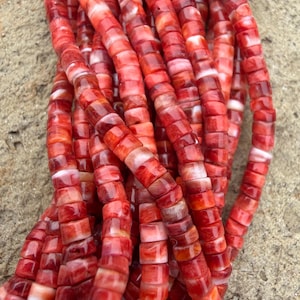Red/rust spiny oyster 3mm heishi beads, 16 inch strand