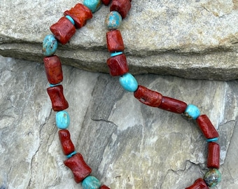 Apple coral branch beads 10x10-10x15mm and hubei turquoise 7x10mm designer strand, 17 inch strand