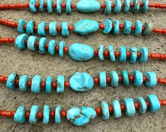 White water turquoise (nevada) and natural italian red coral designer beads strand, 8 inch strand