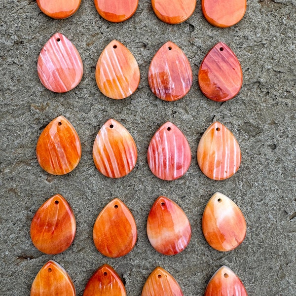 Orange spiny oyster shell teardrop 15x20mm bead pair, one pair