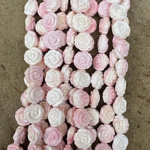 Pink queen conch shell 12mm carved rose bead strand (16 inch strand)