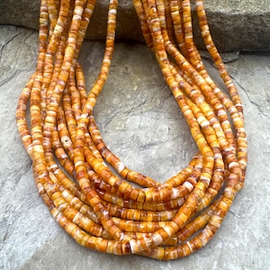 Orange spiny oyster 3mm heishi beads, 16 inch strand