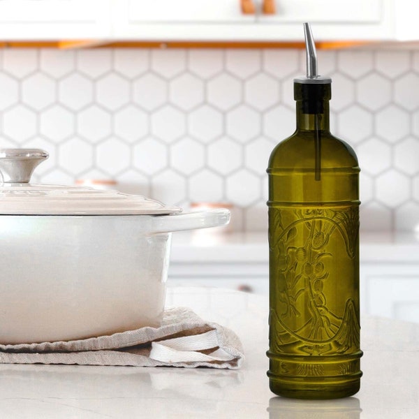 11" Olive Branch Recycled Glass Oil or Vinegar Bottle with Stainless Stee Pour Spout