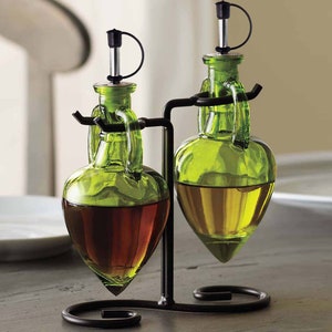 Amphora Double Oil & Vinegar Glass Cruet Set W/ Stand