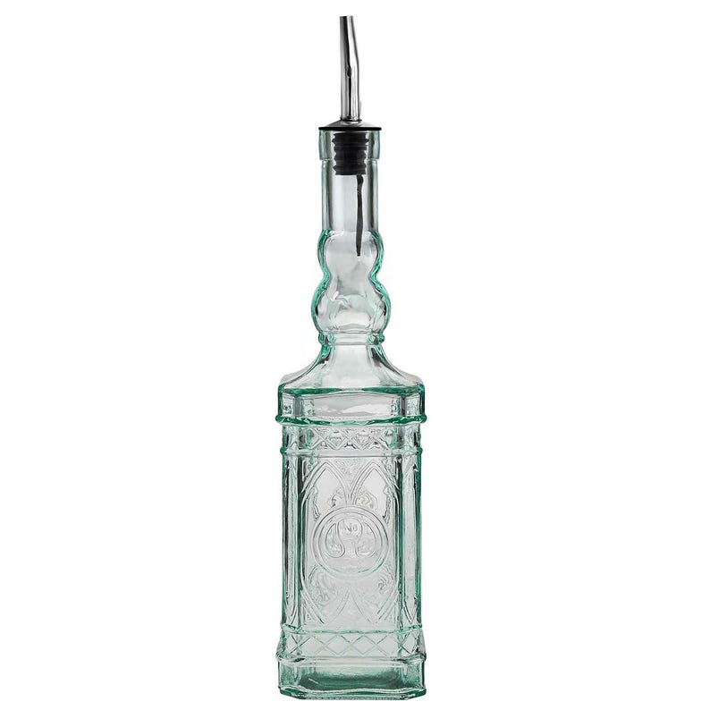 Ornate Recycled Glass Olive Oil & Vinegar Bottle with Pour Spout Clear