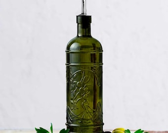 Recycled Glass Oil Bottle – Embossed Olive Branch, Stainless Steel Spout