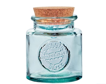 Recycled Glass Jar with Cork Lid – Eco Friendly Tabletop Storage, 8.5 oz, Small Farmhouse Kitchen Decor for Spices, Home, or Gift