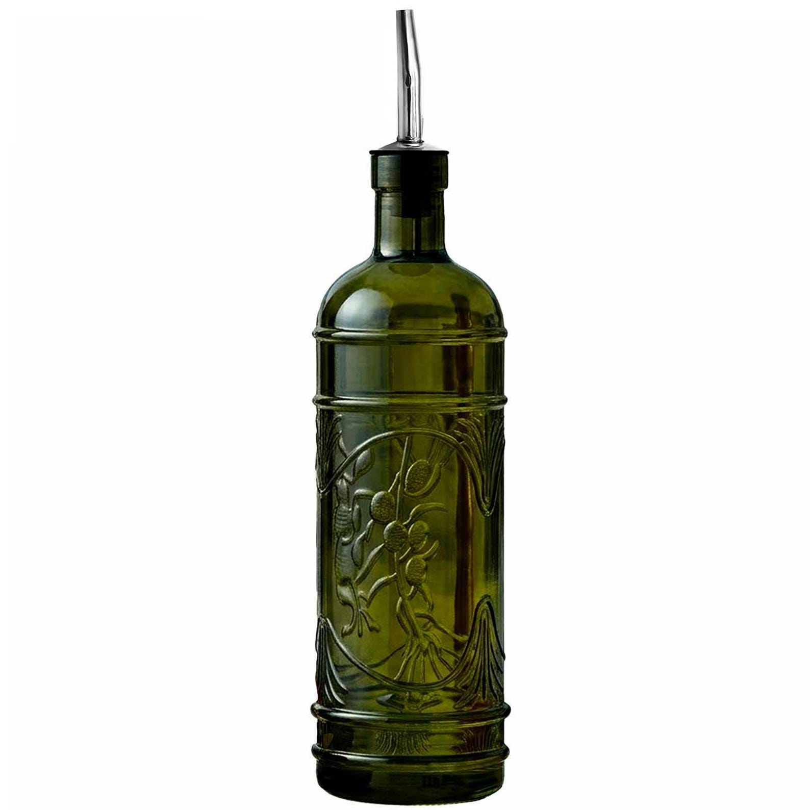 Recycled Glass Oil Bottle – Embossed Olive Branch, Stainless Steel Spout - Vintage Green