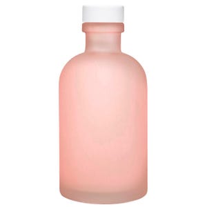 May include: A frosted glass bottle with a soft pink hue and a smooth, rounded body. The bottle features a short, narrow neck and a solid white cylindrical cap that sits securely on top, creating a clean and uniform appearance throughout.