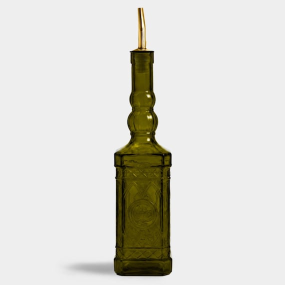 Ornate Recycled Glass Olive Oil & Vinegar Bottle with Pour Spout - Vintage Green