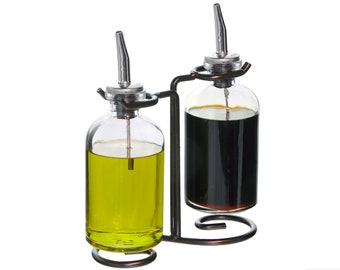 Apothecary Double Oil & Vinegar Glass Cruet Set W/ Stand