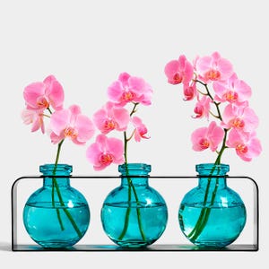 Trivo Three Recycled Glass Vases & Metal Stand | Elegant Floral Glass Vase Set for Home Decor, Unique Home Accent and Housewarming Gift