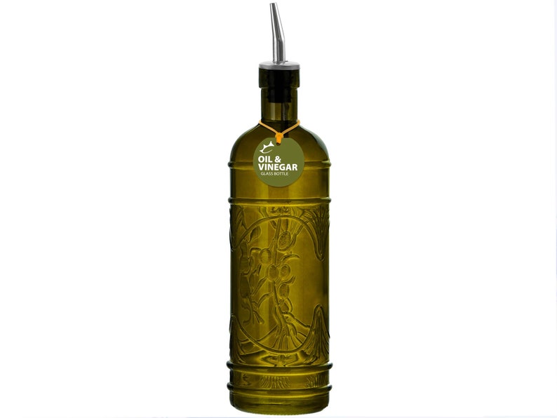 11 Olive Branch Recycled Glass Oil or Vinegar Bottle with Stainless Steel Pour Spout