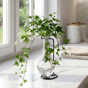 Drop Vase & Metal Stand – Recycled Glass Table Centerpiece, 4" Tall, Elegant Home Decor for Displaying Plants or Gifting to Plant Lovers