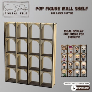 Op de afbeelding: Een digitaal bestand voor het lasersnijden van een wandplank met 12 vakken, ideaal voor het tentoonstellen van Funko Pop-figuren. De plank is gemaakt van hout en heeft een lichtbruine afwerking. Het bestand bevat de formaten SVG, AI, EPS, DXF, PDF en PNG.
